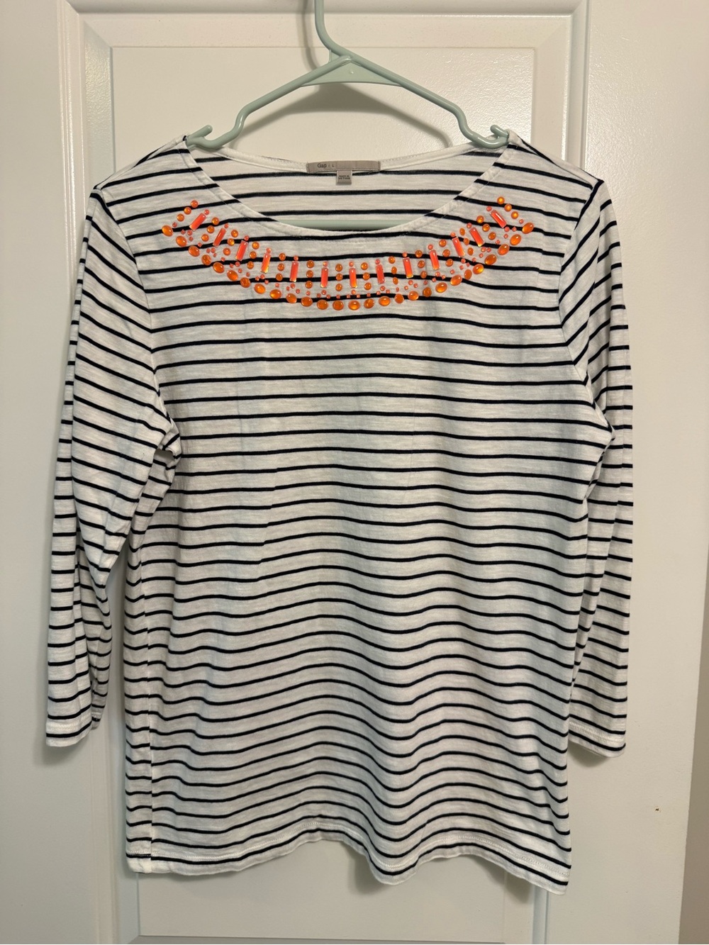 GAP White & Navy Striped 3/4-Sleeve Modal Top with Neon Pink Neck Embellishment